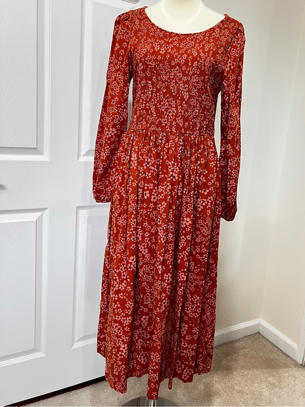 Susina Floral Smocked Bodice & Tiered Midi Dress Orange Burnt Orange Size Large